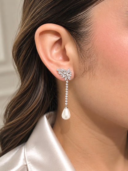 Aretes Largos Hojitas y Perla Gota